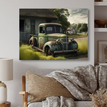 Green Old Truck At The Barn - Car Old American Canvas Wall Art